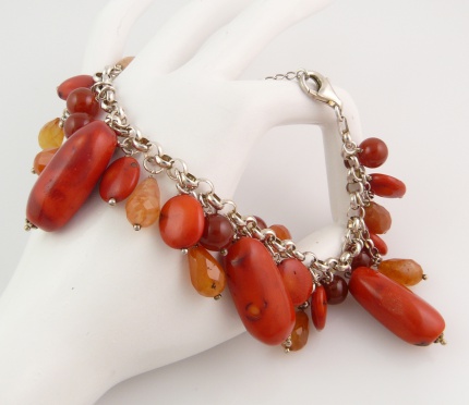 Bracelet "Famboyant"  Argent, Corail, Cornaline, Agate feu