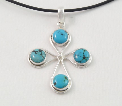 Croix "Quadrata" en Argent et Turquoises du Tibet